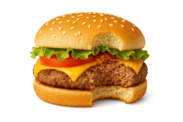 Hamburger with a bite taken out, featuring a juicy beef patty, melted cheddar cheese, crisp lettuce, and fresh tomato