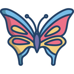 Obraz premium A stylized illustration of a butterfly with pink yellow and blue wings and a purple body against a transparent background