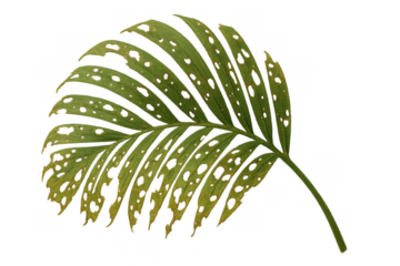 Palm frond showing insect damage and disease with holes and yellowing affecting the green leaf, transparent background