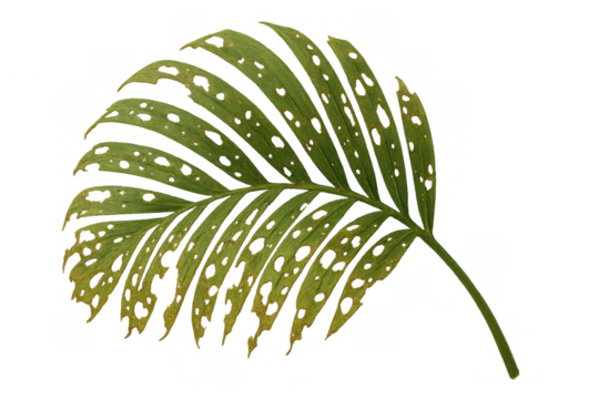 Palm frond showing insect damage and disease with holes and yellowing affecting the green leaf, transparent background