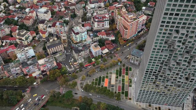 Top-Down aerial video over Bajram Curri Boulevard, Lana River and Elbasani Road in Tirana, Albania. 