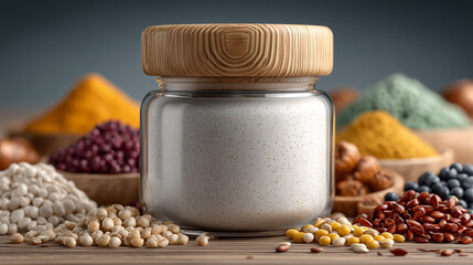 glass jar of flour with assorted grains and colorful spices
