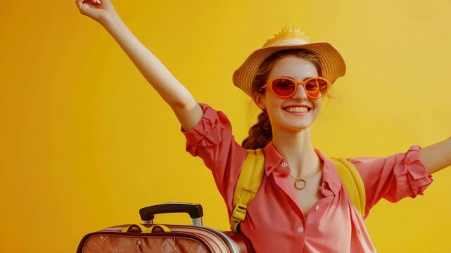 Happy woman waving with luggage and sunhat