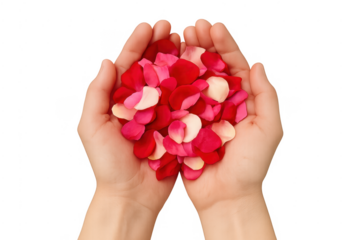 Cupped hands offering red rose petals concept