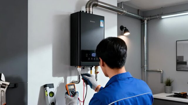 Professional installer adjusts a compact tankless water heater on a wall demonstrating advanced technology for instant hot water supply in a small home