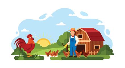 Flat vector illustration of peaceful morning at a village farm with farmer feeding chickens near barn. Solid warm tones, soft sky, no gradients, concept of simple rural life
