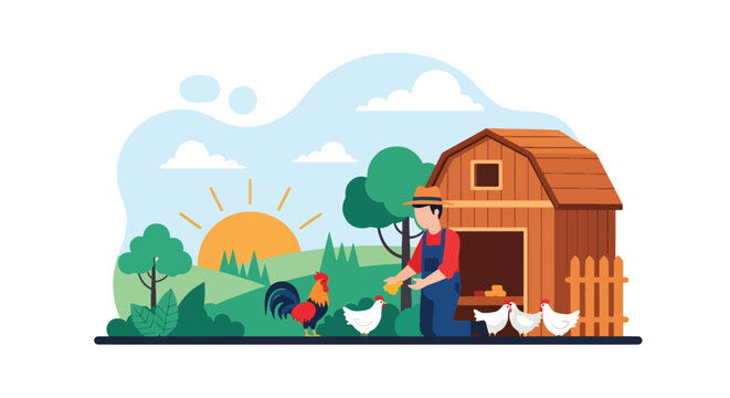 Flat vector illustration of peaceful morning at a village farm with farmer feeding chickens near barn. Solid warm tones, soft sky, no gradients, concept of simple rural life