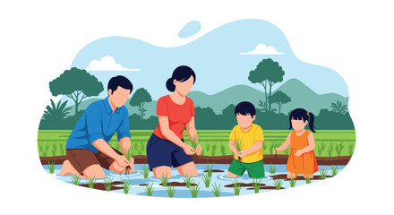 Flat vector illustration of family planting rice in lush green paddy field under blue sky. Solid bright tones, no gradients, concept of teamwork and traditional countryside life