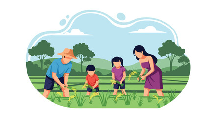 Flat vector illustration of family planting rice in lush green paddy field under blue sky. Solid bright tones, no gradients, concept of teamwork and traditional countryside life