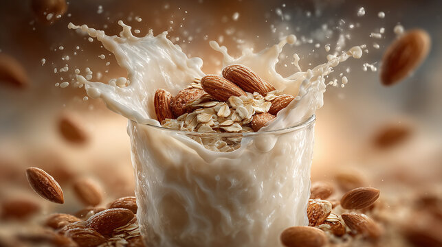 almond milk splash with nuts and oats on blue
