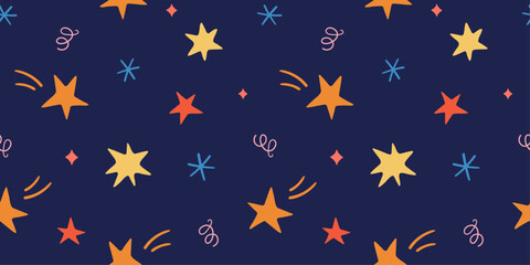 Hand-drawn pattern with shooting stars and doodle elements. Christmas star background.