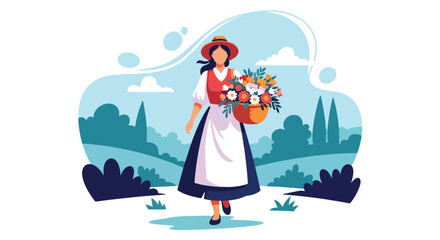Flat vector illustration of smiling woman walking with basket full of flowers on village road. Solid pastel tones, no gradients, simple peaceful countryside concept