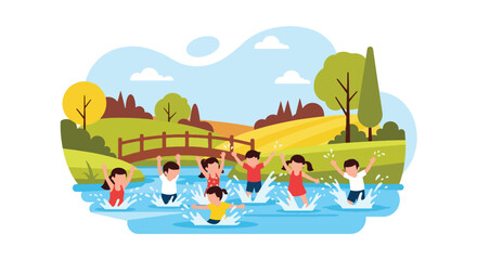Flat vector illustration of kids playing near wooden bridge by countryside riverbank. Solid bright tones, no gradients, joyful rural activity, fun outdoor lifestyle design