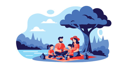 Flat vector illustration of family picnic under tree near calm lake in countryside. Solid soft tones, no gradients, peaceful outdoor leisure activity, rural lifestyle scene