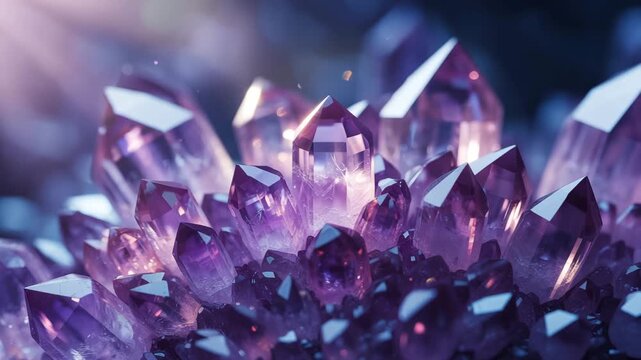 A cluster of amethyst crystals with a soft, dreamy, purple glow