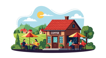Flat vector illustration of small cafe with outdoor seating and plants in countryside. Solid pastel palette, no gradients, friendly warm atmosphere, simple lifestyle design