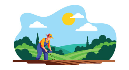 Flat vector illustration of farmer planting seeds in field during sunrise. Solid warm palette, clean minimalist design, no gradients, concept of hope, growth, and new beginnings