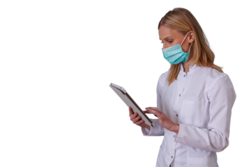 Medical woman doctor or nurse in white uniform and surgical mask using a clipboard with records, transparent background
