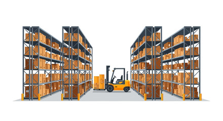 Vector illustration of a modern warehouse interior with metal shelving, cardboard boxes, and a forklift for efficient logistics and distribution concept