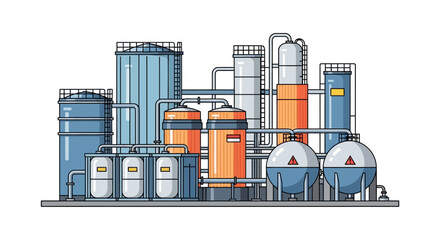 Vector illustration of a modern industrial factory plant with storage tanks, pipes, and processing units for chemical manufacturing or energy production