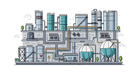 Obraz premium Vector illustration of a modern industrial factory with tanks, pipes, and processing equipment on a white background