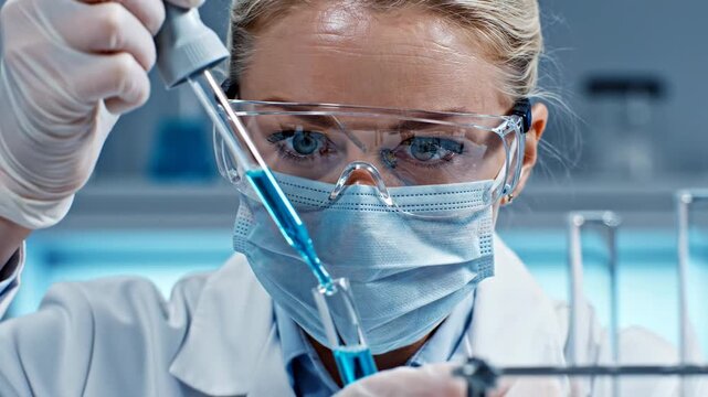 Mulher cientista usando m&aacute;scara realizando experimento, pipetando l&iacute;quido em um tubo de ensaio, laborat&oacute;rio, foco, profissional, equipamento cient&iacute;fico.