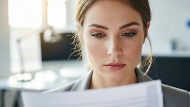 Linda empres&aacute;ria brasileira concentrada estudando documentos, close-up, cena de escrit&oacute;rio, traje profissional, express&atilde;o focada, elegante, ilumina&ccedil;&atilde;o realista, ambiente de trabalho