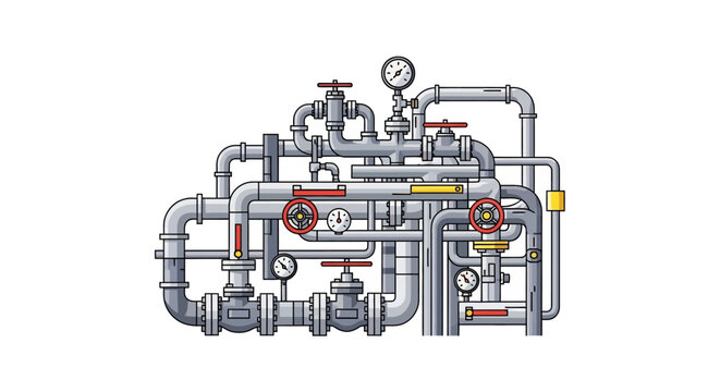 Detailed vector illustration of an industrial piping system with a complex network of pipes, valves, and gauges