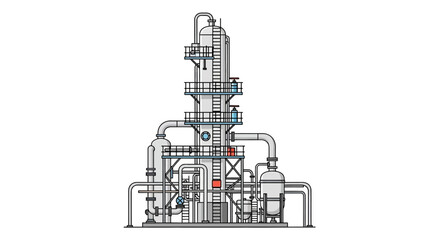 Vector illustration of an industrial chemical plant's distillation column or fractionation refinery tower for oil and gas processing