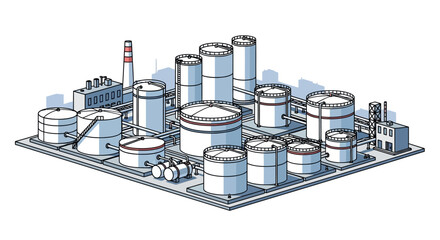 Isometric vector illustration of a large industrial complex with numerous oil and gas storage tanks, representing a refinery or chemical plant
