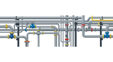 Intricate industrial pipeline system featuring a complex network of gray and yellow pipes, valves, and fittings against a clean white background