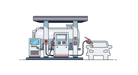 Flat line art vector illustration of a car refueling at a modern gas station. Automobile at a petrol pump concept for transportation and energy