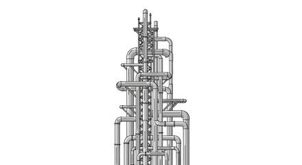 A complex 3D illustration of an intricate industrial pipeline system against a clean white background, symbolizing engineering and technological networks