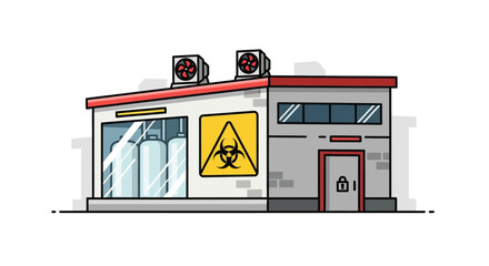 Industrial factory building with a biohazard warning symbol, representing a secure chemical laboratory or biological research facility isolated on a white background