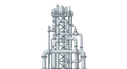 A detailed vector illustration of a complex industrial processing unit, showcasing an intricate network of pipelines, valves, and gauges for a factory