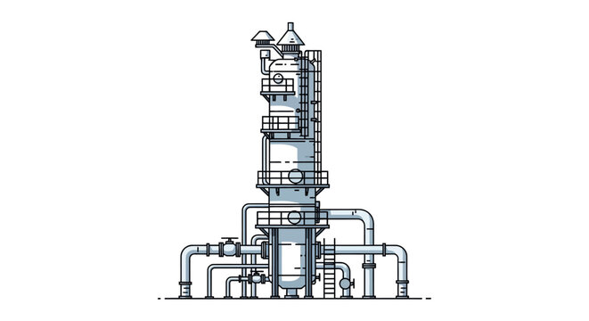 Technical line art illustration of an industrial distillation column, a symbol of chemical engineering and manufacturing processes