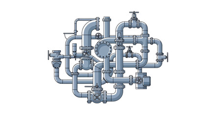 Vector illustration of a complex industrial pipeline system, symbolizing intricate networks, engineering infrastructure, and complicated processes