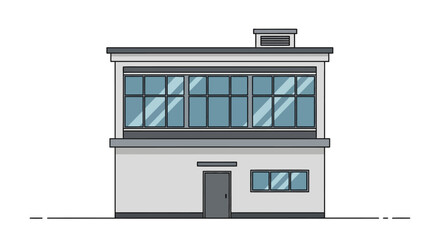 Modern two-story industrial office building with large windows, depicted in a clean flat line vector illustration style on an isolated background