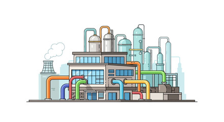 Illustration of a modern industrial factory plant with intricate pipework and towers, symbolizing manufacturing, energy production, and industrial processes