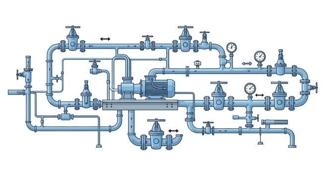 Industrial water pump station with a complex network of pipes, valves, and pressure gauges. Technical vector illustration of a plumbing system