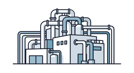 Outline vector illustration of an industrial factory building with a complex system of pipes, isolated on a white background