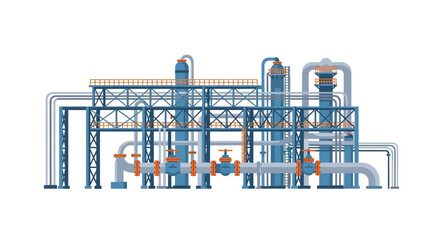 Industrial manufacturing plant with a complex network of pipelines for chemical processing and energy production, isolated vector illustration
