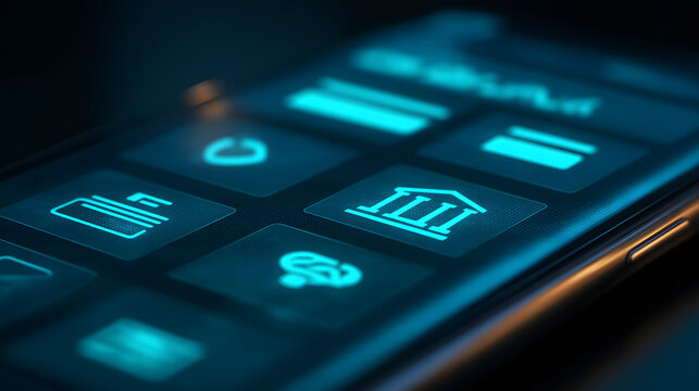 mobile phone keypad mobile banking app on smartphone glowing digital icons - Powered by Adobe