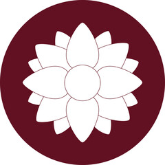 A stylized white lotus flower icon with delicate petals set against a deep maroon circular background with a minimalist graphic design symbolizing peace and tranquility suitable for branding and