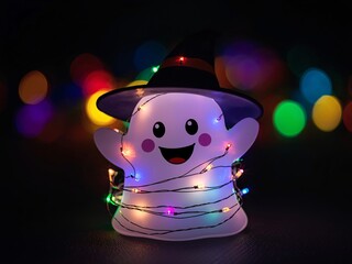 A happy ghost wrapped in colorful fairy lights with a wizard hat glowing in the dark.