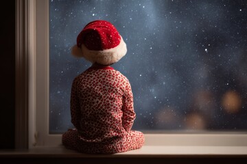 Child wearing Santa hat and pajamas sitting on a windowsill, looking out at falling snow at night, waiting for Christmas