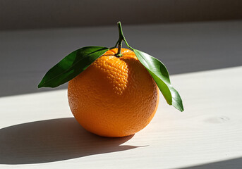 Studio shot capturing the freshness of a ripe orange adorned with vibrant green leaves in a natural light setting