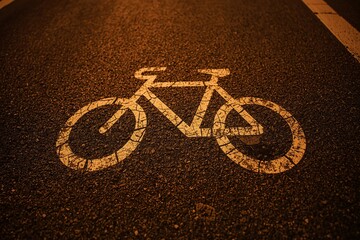 A worn bicycle lane symbol painted on asphalt under warm street lighting.