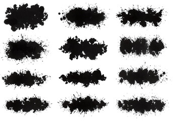 Collection of various black ink splatters and blots on a clean white backdrop, perfect for abstract designs and creative projects.