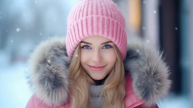 A young woman wearing a pink beanie and coat in the snowy weather. Her style is complemented by the winter accessories.